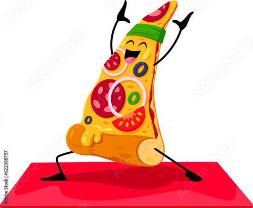 Cartoon fast food pizza piece character on yoga fitness sport. Takeaway restaurant dish cute personage, fast food cafe menu meal or pizza with salami comical vector mascot stretching on yoga mat