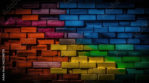 AI generated illustration of a vibrant brick wall made from a variety of colorful bricks