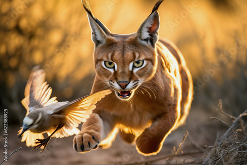 Stunning image of a Caracal trying to hunt a bird. Incredible African wildlife. Generative Ai © Shootdiem