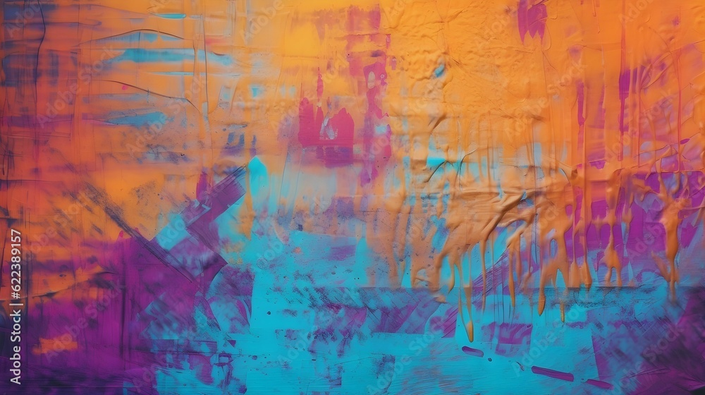 AI generated illustration of an abstract painting of shades of purple, blue, orange on a wall