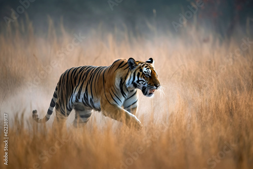 Stunning wild bengal tiger walking through the grassland. Amazing Wildlife. Generative Ai