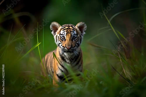 Bengal tiger cub in the forest looking at the camera. Amazing wildlife. Generative Ai © Shootdiem
