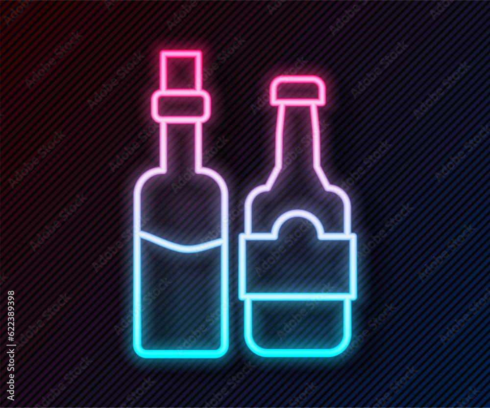 Glowing neon line Whiskey bottle icon isolated on black background. Vector Glowing neon line Whiskey bottle icon isolated on black background. Vector