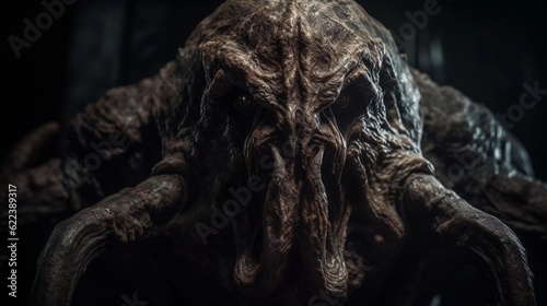 AI generated illustration of a horror mythical creature with skull like head in the darkness