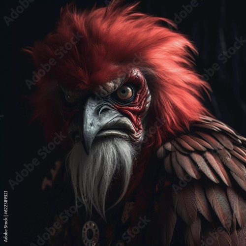 AI generated illustration of a human like bird with a black beak and angry expression