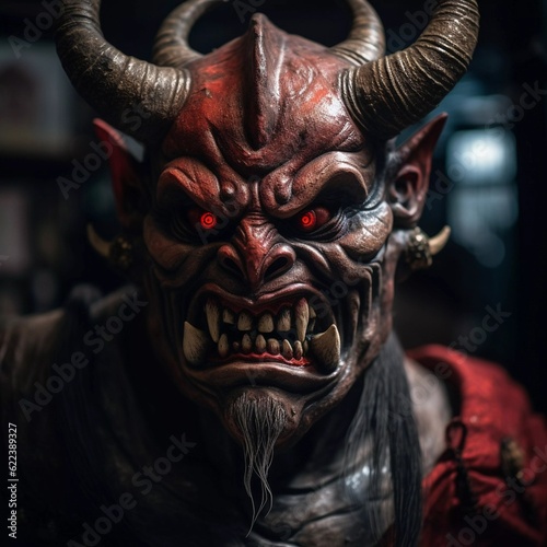 AI generated illustration of a demon with horns and scary red eyes