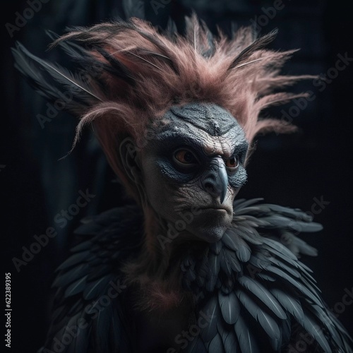 AI generated illustration of a humanoid scary bird with feathers on the head