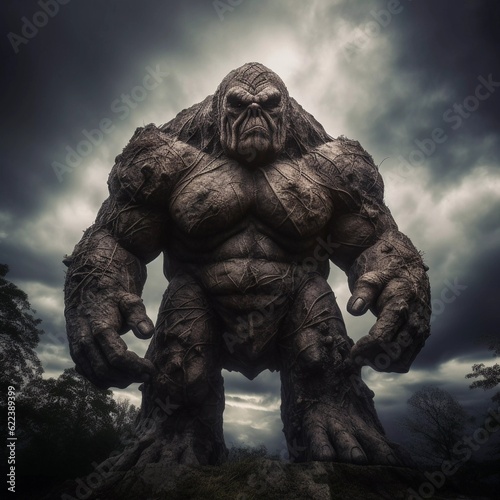 AI generated illustration of a large, intimidating ogre in the foreground of a turbulent, dark sky