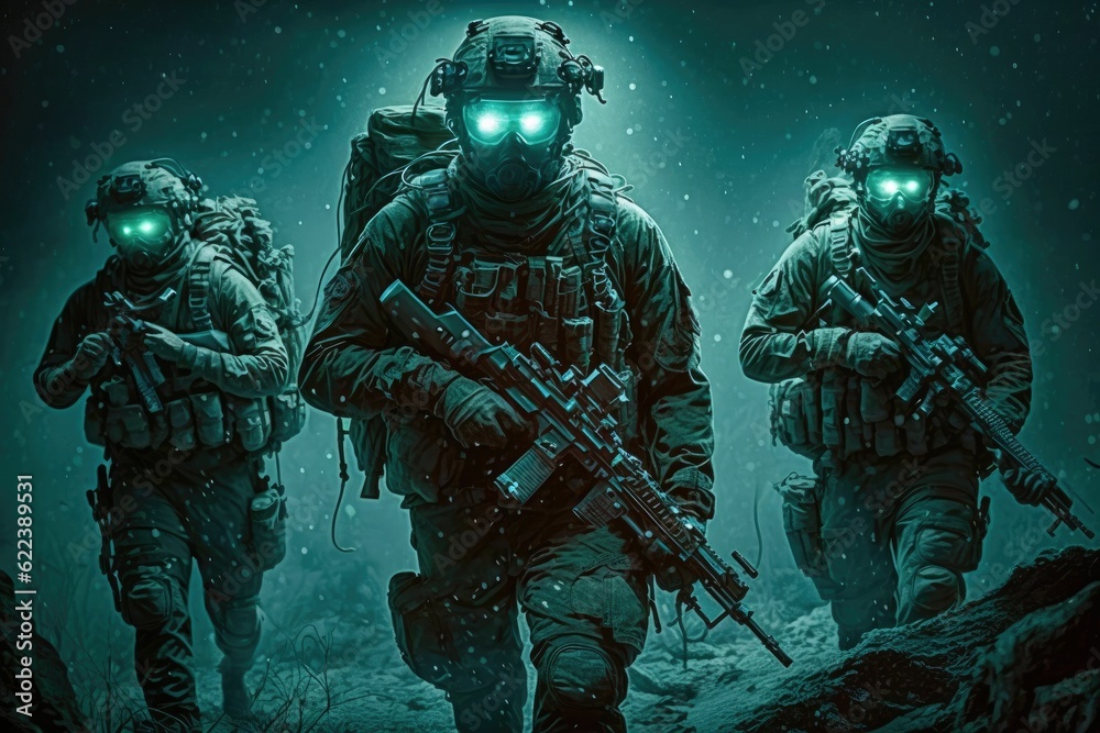 Fototapeta premium AI-generated illustration of special forces carrying out a stealthy nighttime operation.
