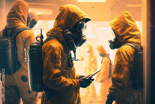 Individuals in hazmat suits and gas masks examining the safety of a nuclear facility - AI Generated photo