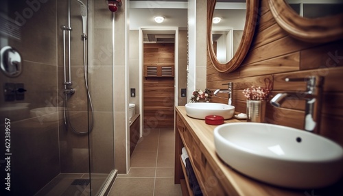 Bathroom with wooden mirror