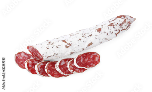 Delicious cut fuet sausage isolated on white, top view photo