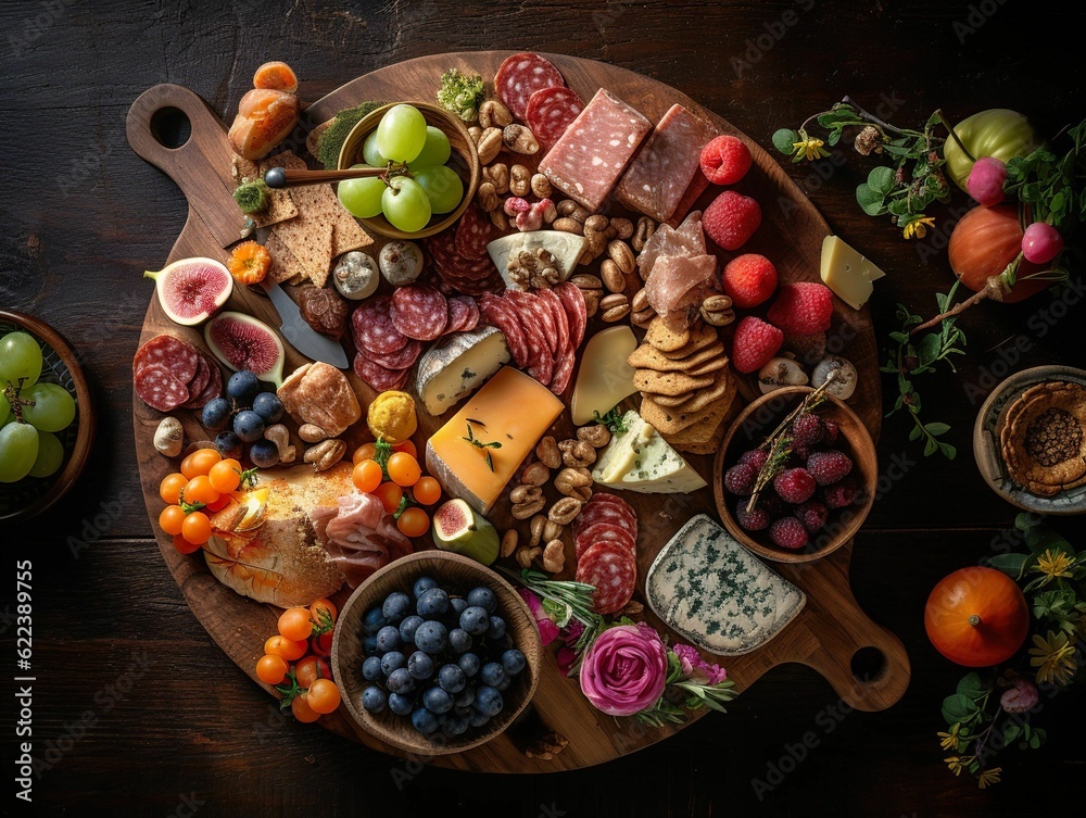 AI generated illustration of an abundant plate of fresh fruits and vegetables and other appetizers AI generated illustration of an abundant plate of fresh fruits and vegetables and other appetizers