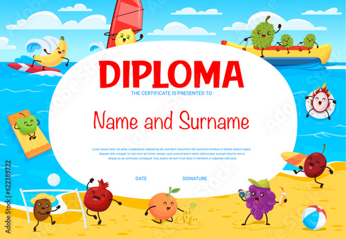 Kids diploma. Cartoon funny fruits on summer beach. Child competition winner vector diploma with banana, lemon, durian and apple, grapefruit, grapes personage sunbathing, swimming, having fun on beach