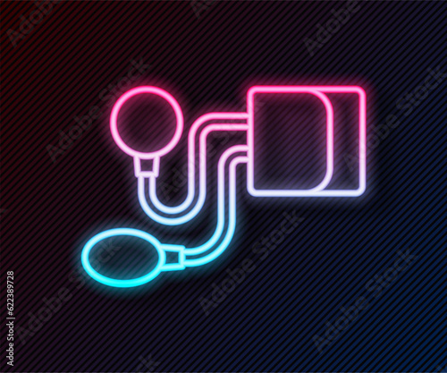 Glowing neon line Blood pressure icon isolated on black background. Vector