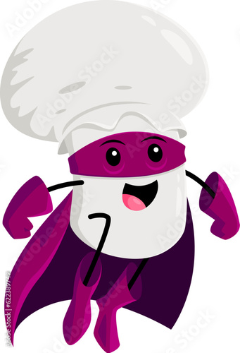 Cartoon cheerful champignon mushroom superhero character. Mushroom warrior or defender isolated vector funny mascot. Champignon strong hero comical personage flying in violet cape and mask