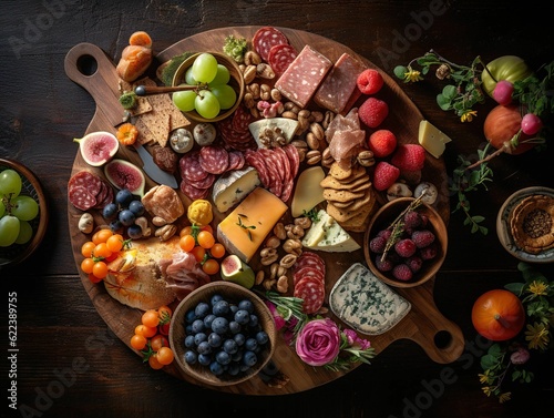 AI generated illustration of an abundant plate of fresh fruits and vegetables and other appetizers