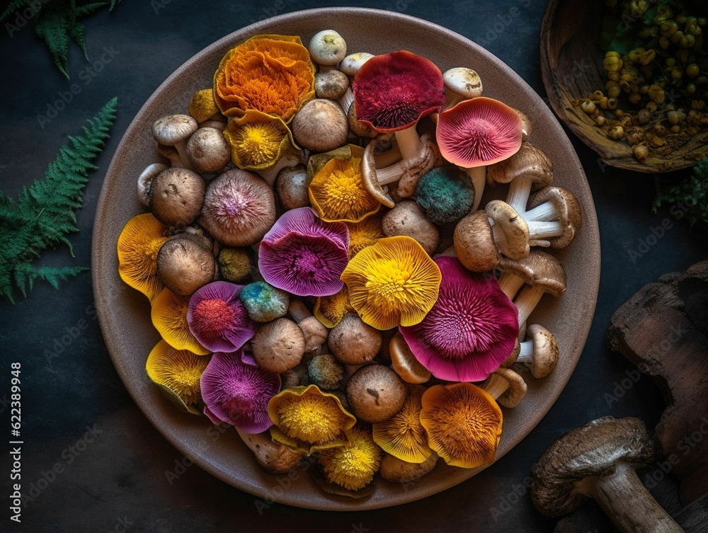 AI generated illustration of a plate of assorted colorful mushrooms
