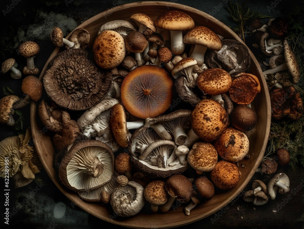 AI generated illustration of a bowl filled with assorted mushrooms, placed on a wooden table