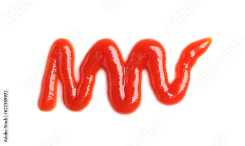 Smear of tasty ketchup on white background, top view. Ingredient for hot dog