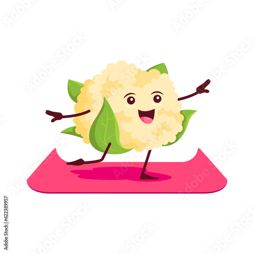 Cartoon cauliflower vegetable character on yoga fitness class. Vector funny smiling personage stand on mat with outspread arms striving for mental and physical harmony during zen or wellness practice