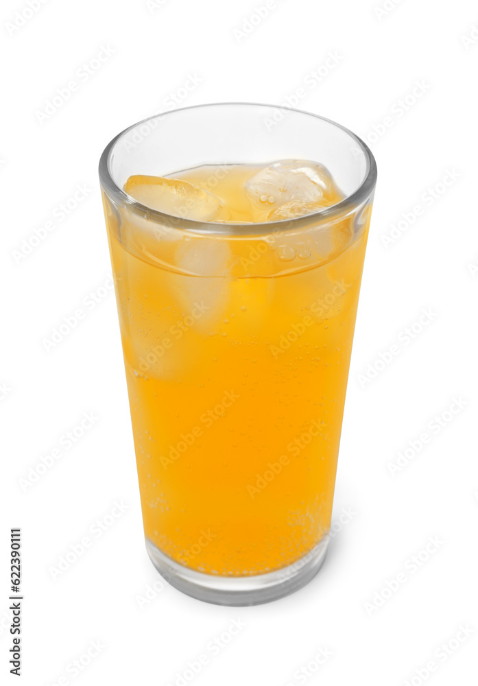 Glass of orange soda water with ice cubes isolated on white Glass of orange soda water with ice cubes isolated on white