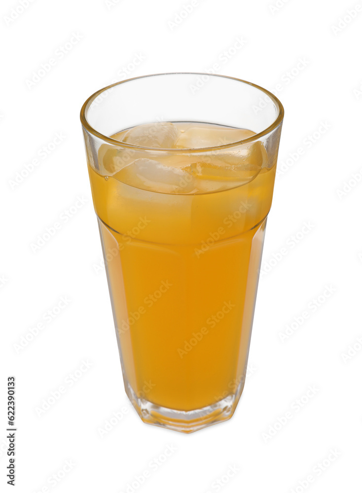 Glass of orange soda water with ice cubes isolated on white