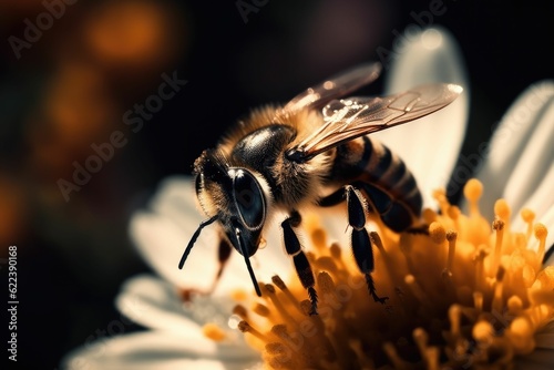 AI generated illustration of a honey bee perched on a vibrant flower