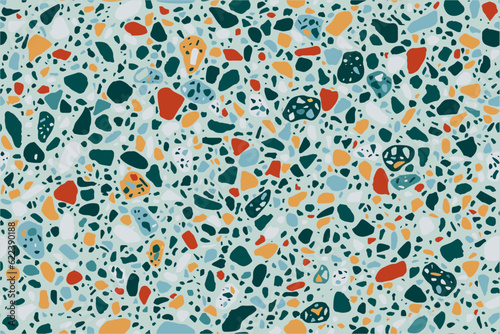 Terrazzo flooring vector seamless pattern in cool colors. Texture of classic italian floor type in venetian style, composed of natural stone, granite, quartz, marble, glass and concrete