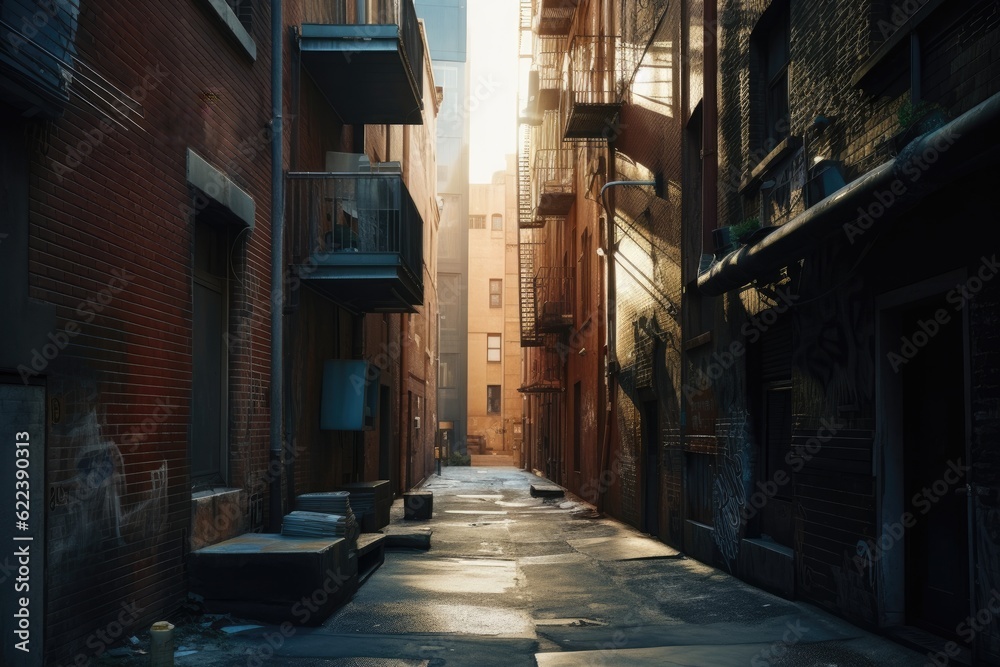 AI generated illustration of a narrow alley street  between buildings on a sunny day
