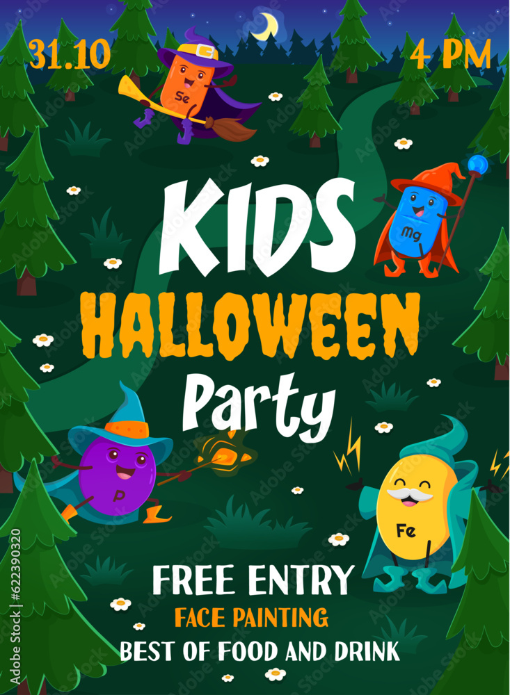 Kids Halloween party. Cartoon mineral and micronutrient wizards. Vector invitation poster or flyer template with funny Se, Mg, P and Fe food supplement capsules in night forest. Amusement for children - obrazy, fototapety, plakaty 