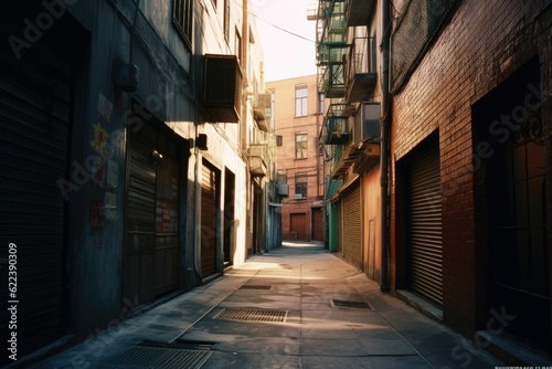 AI generated illustration of a narrow alley street between buildings on a sunny day