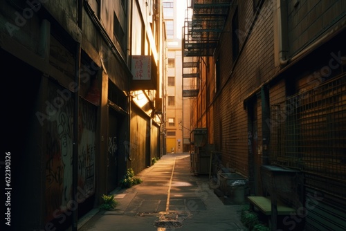 AI generated illustration of a narrow alley street  between buildings on a sunny day