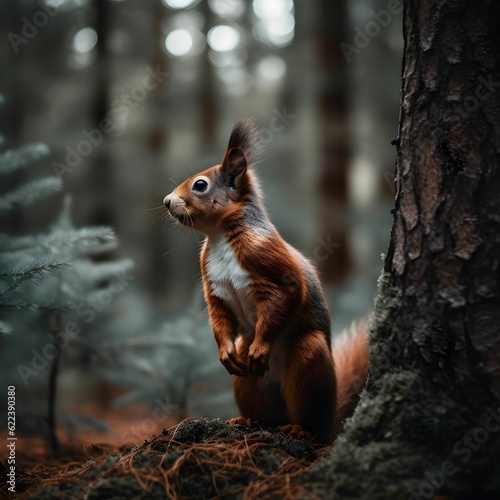 AI generated illustration of a cute red squirrel on its hind legs in the woods © Smarttrendsai/Wirestock Creators