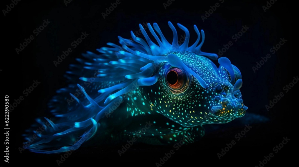 AI generated illustration of a vibrant fictional fish with luminous colors floating in the water