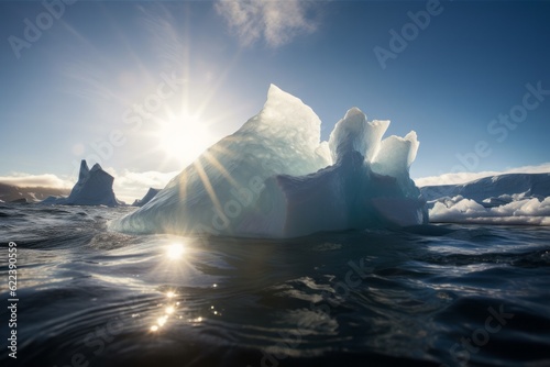iceberg in polar regions, Photographic Capture of the Sun Melting an Iceberg in the Antarctic, Amidst the Vast Ocean and Sunny Skies