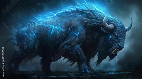 AI generated illustration of a monster bison with large, blue horns in a mysterious environment