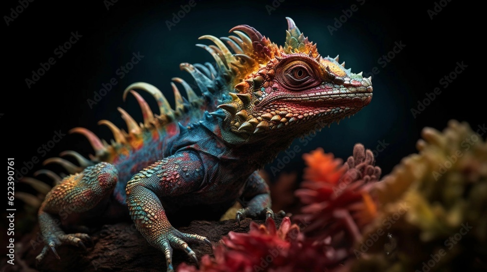 AI generated illustration of a mythical creature with a reptilian dragon look on a dark background AI generated illustration of a mythical creature with a reptilian dragon look on a dark background
