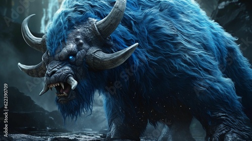 AI generated illustration of a monster bison with large, blue horns in a mysterious environment © Dragono6/Wirestock Creators