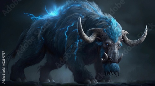 AI generated illustration of a monster bison with large, blue horns in a mysterious environment
