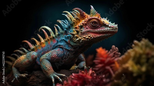 AI generated illustration of a mythical creature with a reptilian dragon look on a dark background