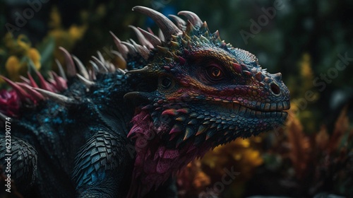 AI generated illustration of a mythical creature with a reptilian dragon look on a dark background © Dragono6/Wirestock Creators
