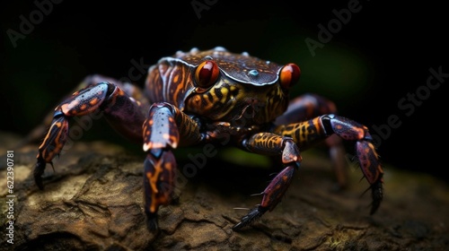 AI generated illustration of a vibrant fictitious crab creature perched on a wooden surface