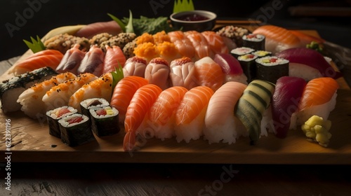 sushi platter with different types of sushi arranged on it