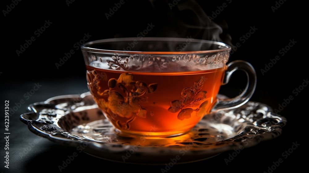 a cup of tea on a metal tray on a dark surface a cup of tea on a metal tray on a dark surface