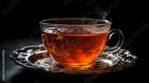 a cup of tea on a metal tray on a dark surface