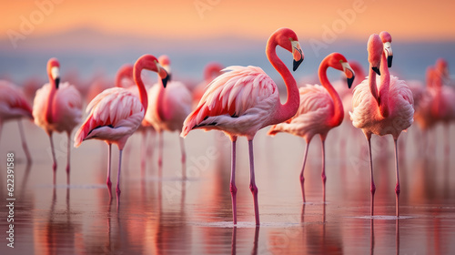 group of pink flamingos on water © mimadeo