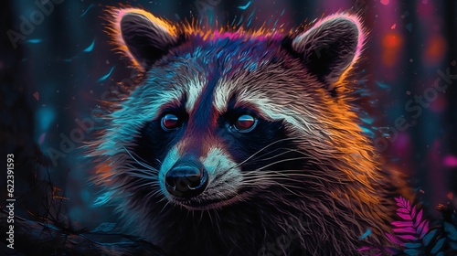 raccoon is shown in the forest with glowing leaves and bright lighting © Rayaluna/Wirestock Creators