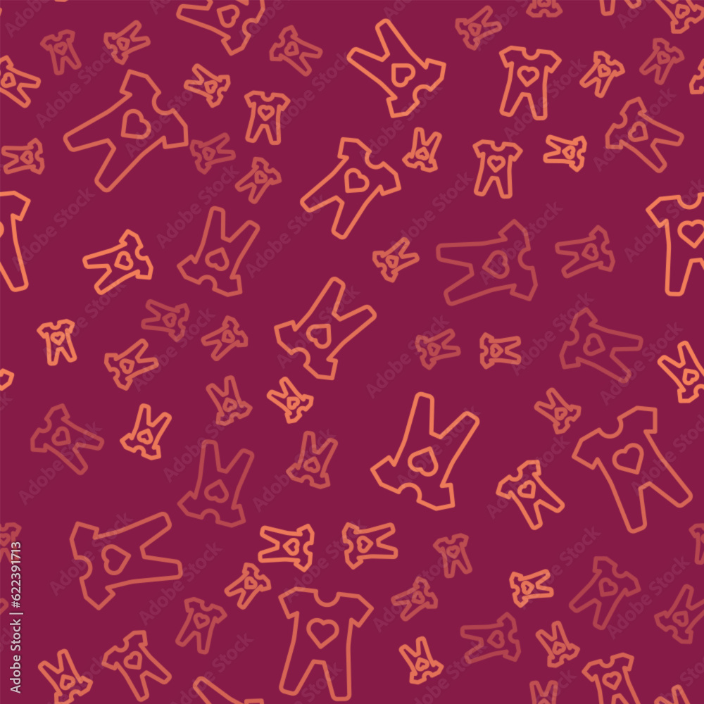 Brown line Baby clothes icon isolated seamless pattern on red background. Baby clothing for baby girl and boy. Baby bodysuit. Vector
