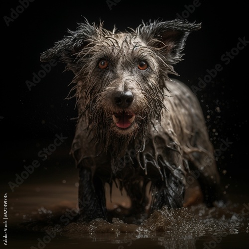 AI generated hairy dog splashes through shallow water